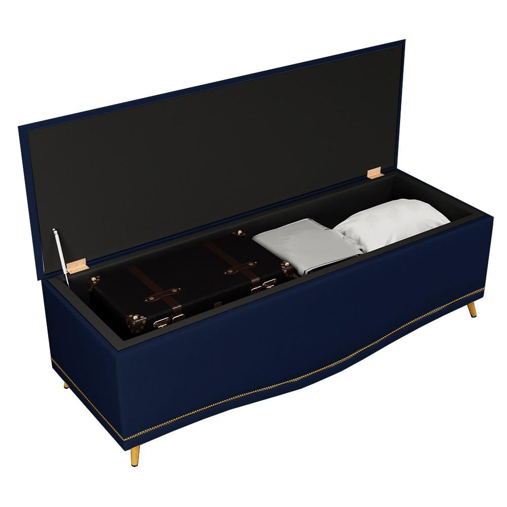 Cabeceira Cama Box Casal 140cm Com Calçadeira Baú Imperial Veludo J02 Azul - Mpozenato