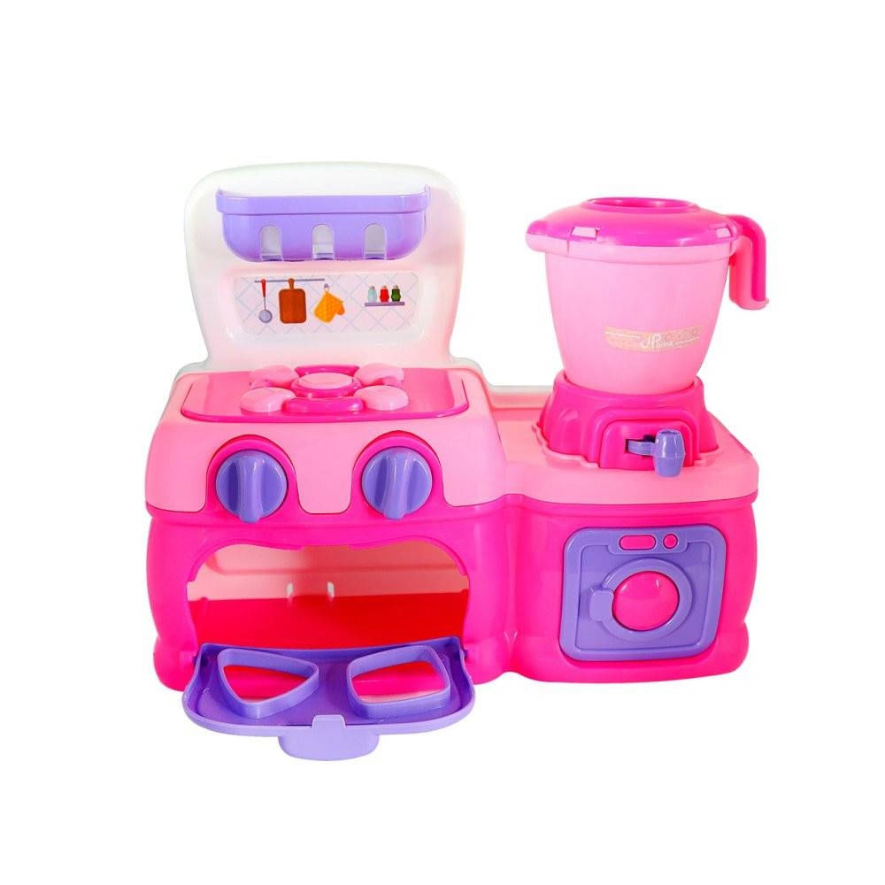 Encontraproduto.com.br - Mini Cozinha Rosa Fogão Forno + Liquidificador + Acessórios