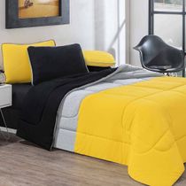 Kit Edredom Malha 100% Algodão Urbano 3 Peças Casal - Amarelo/Mescla/Preto
