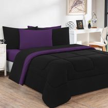 Kit Edredom Malha 100% Algodão Gran Moratta 3 Peças Casal - Preto/Roxo