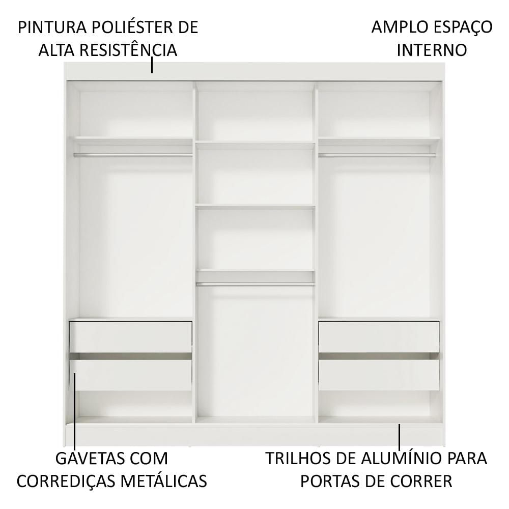 Guarda-Roupa Casal Madesa Napoli 3 Portas de Correr Central com Espelho - Branco Branco