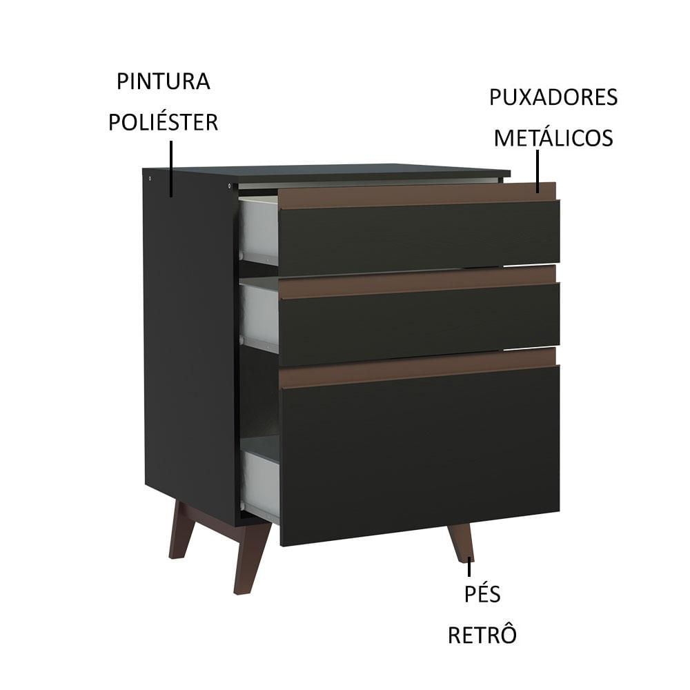 Balcão Madesa Reims 60 cm 3 Gavetas - Preto Preto