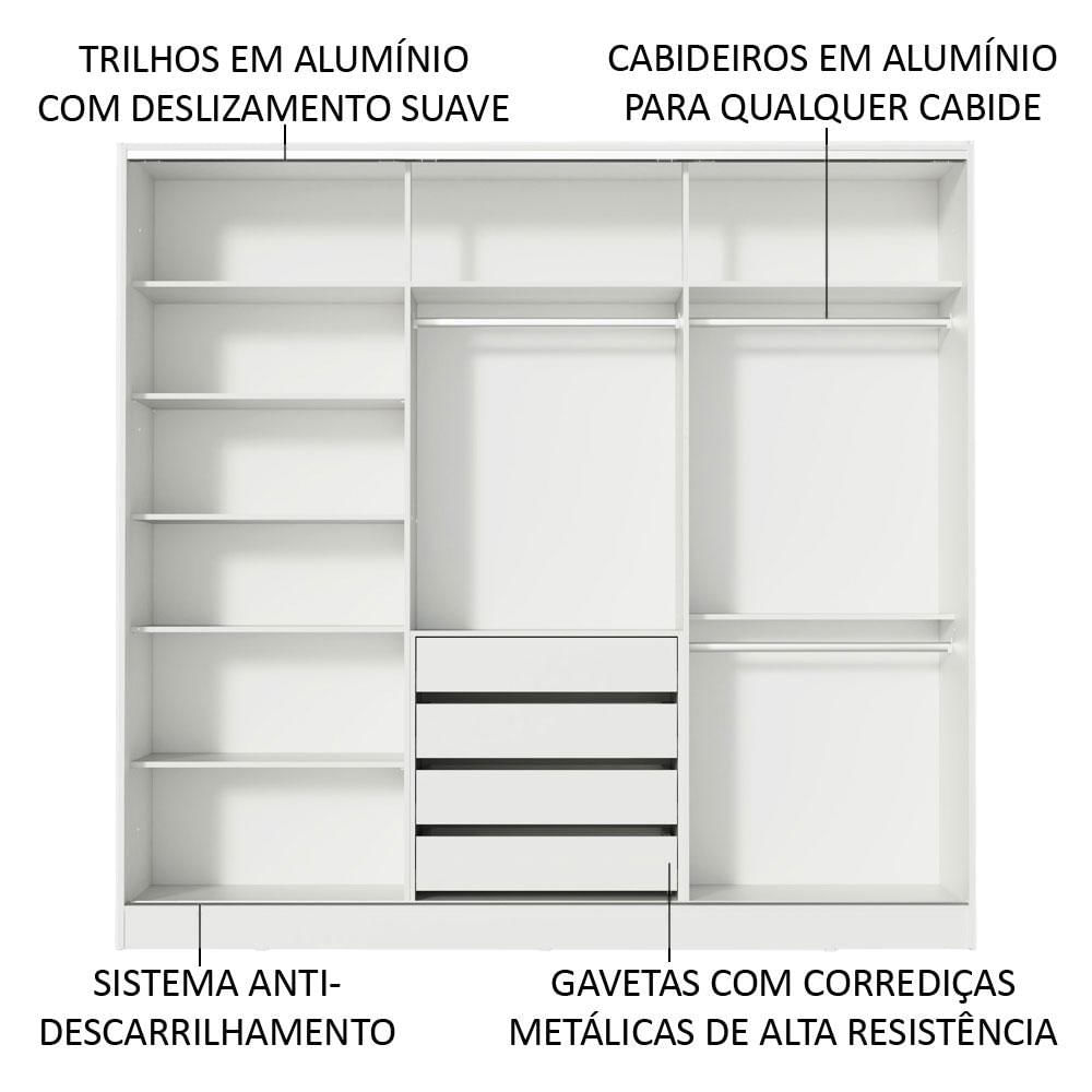 Guarda-Roupa Casal 100% MDF Madesa Eros 3 Portas de Correr com Espelhos - Branco Branco