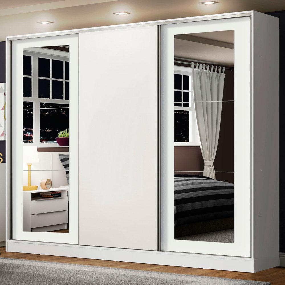 Guarda-Roupa Casal 100% MDF Madesa Eros 3 Portas de Correr com Espelhos - Branco Branco