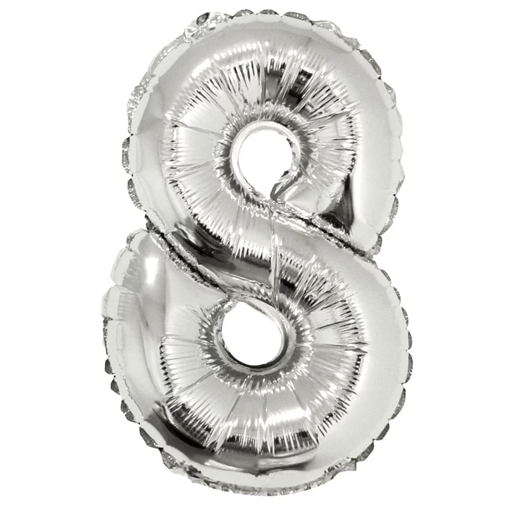 Balão Metalizado 40cm 16 polegadas com canudo número 8 SilverFestas