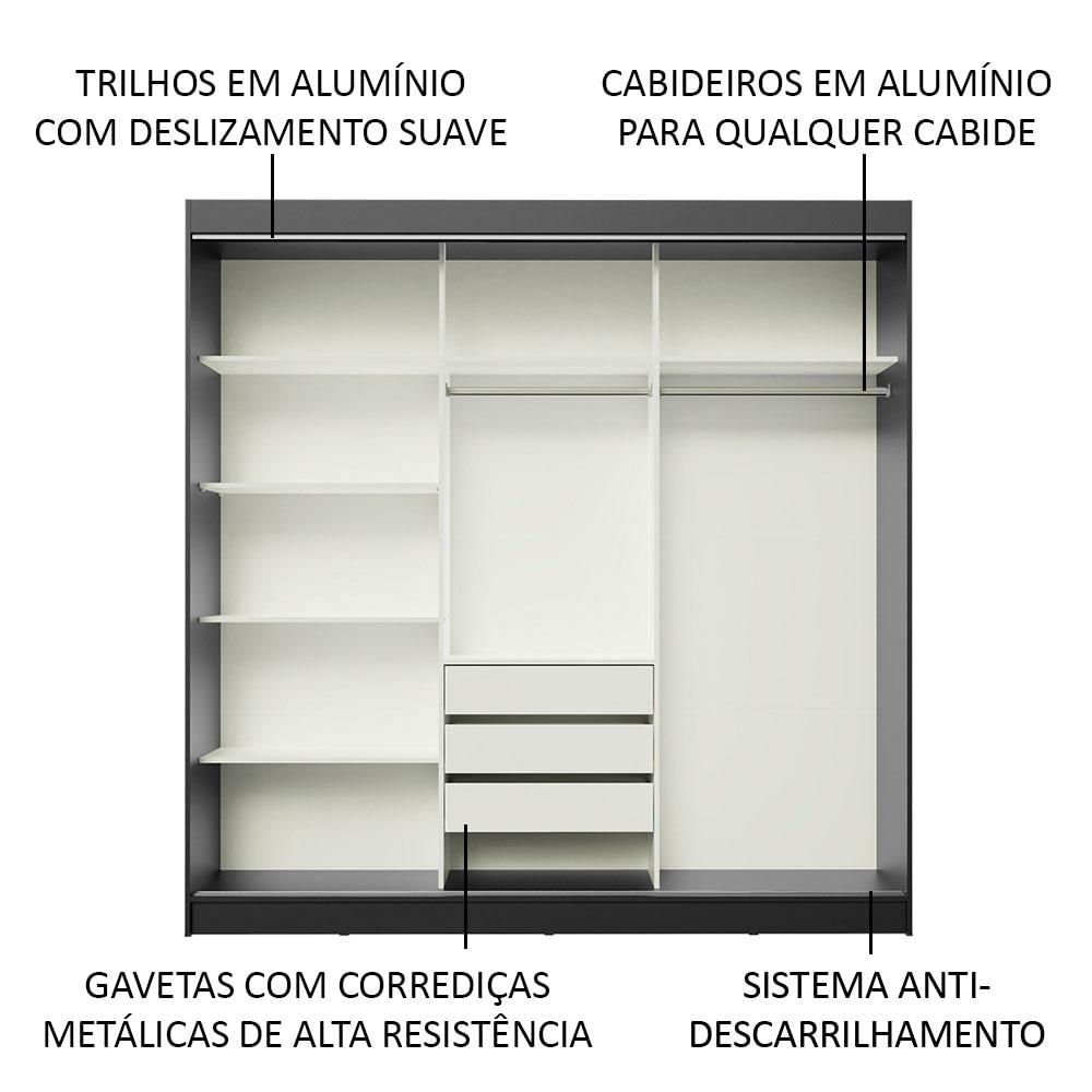 Guarda-Roupa Casal Madesa Austin 4 Portas de Correr com Espelhos 3 Gavetas Preto