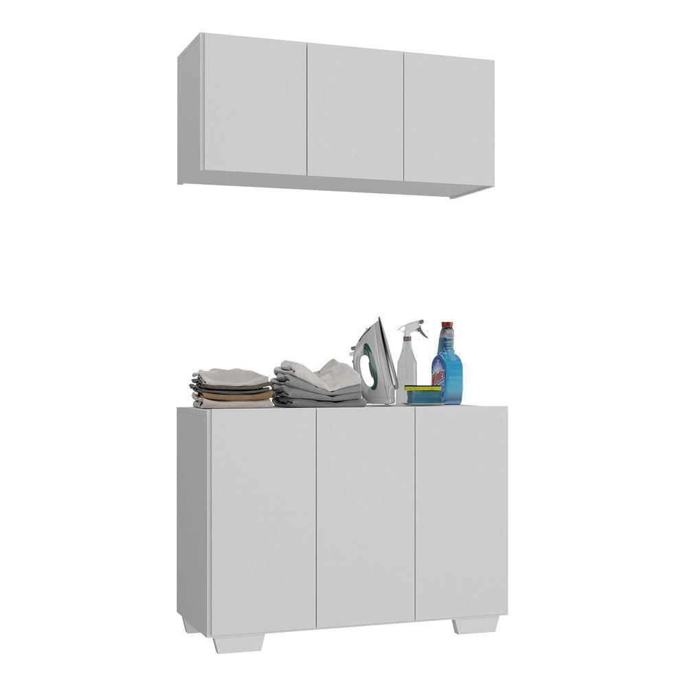 Conjunto Lavanderia Multiuso Armário Aéreo E Balcão Mp5051 Branco Branco