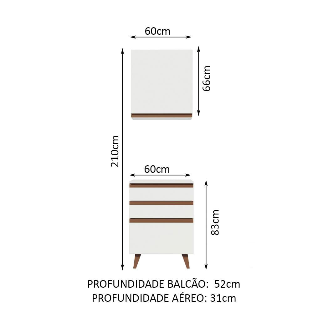 Kit Madesa Reims 60 cm com Armário Aéreo e Balcão com 3 Gavetas - Branco Branco