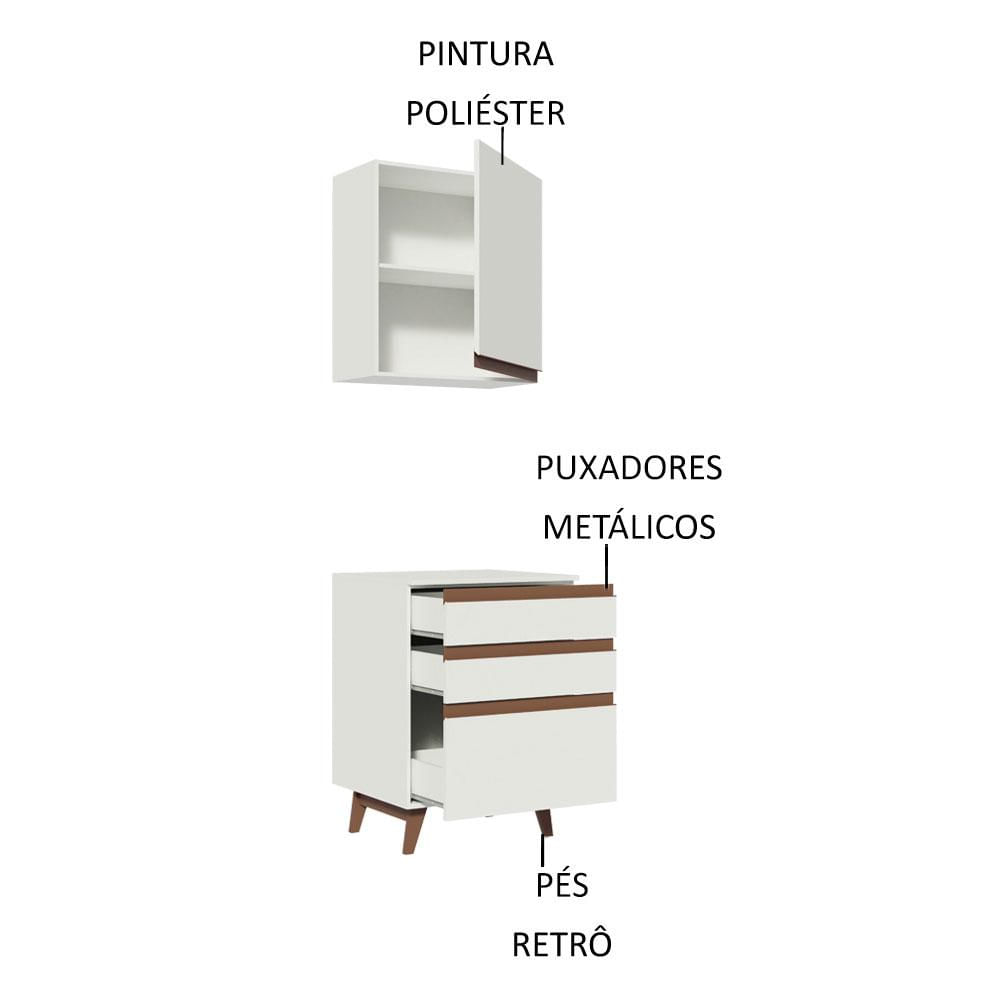 Kit Madesa Reims 60 cm com Armário Aéreo e Balcão com 3 Gavetas - Branco Branco