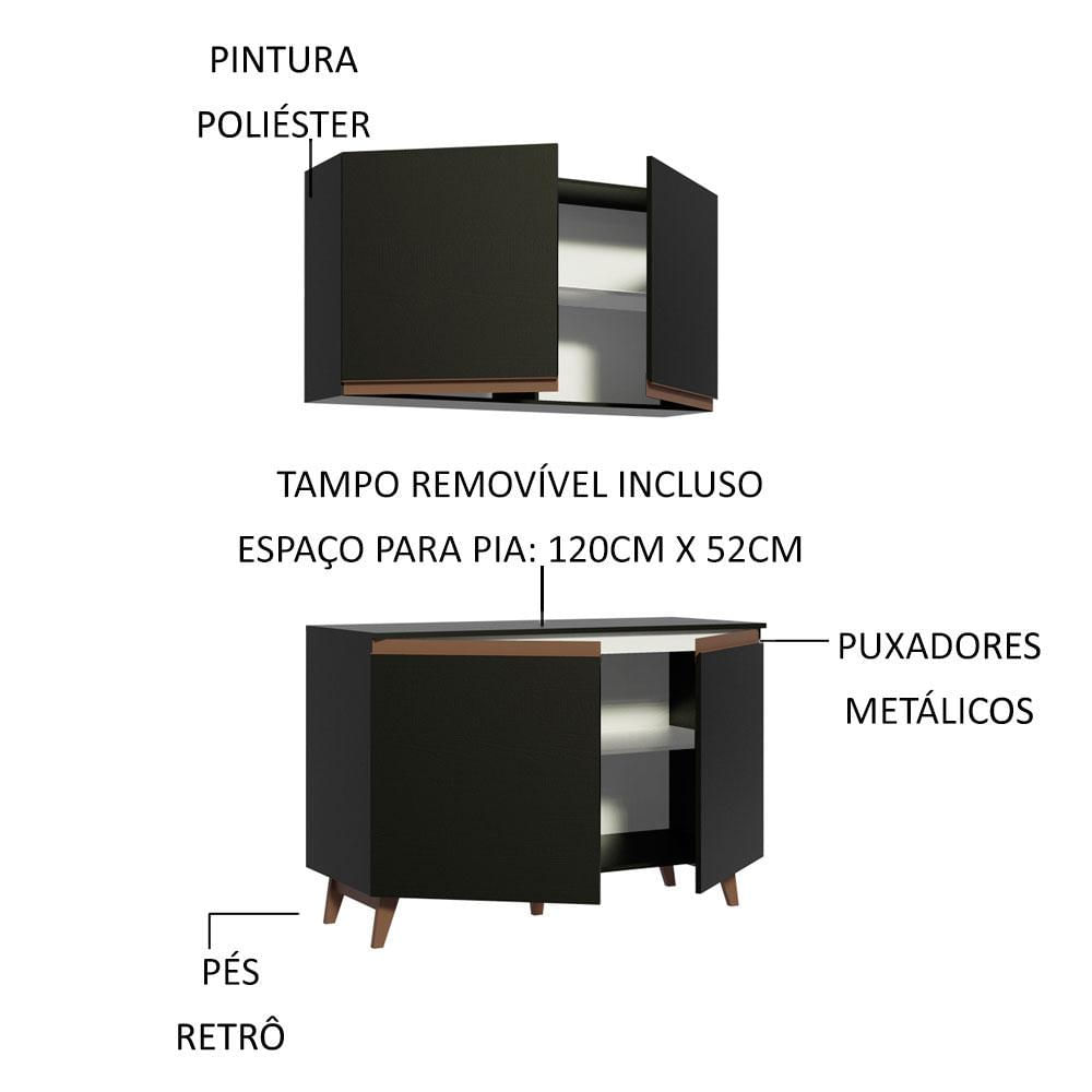 Kit Madesa Reims 120 cm com Armário Aéreo e Balcão Gabinete de Pia - Preto Preto