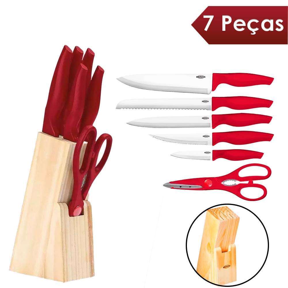 Conjunto de Facas Brinox Cross Cepo 7 Peças Inox Vermelho