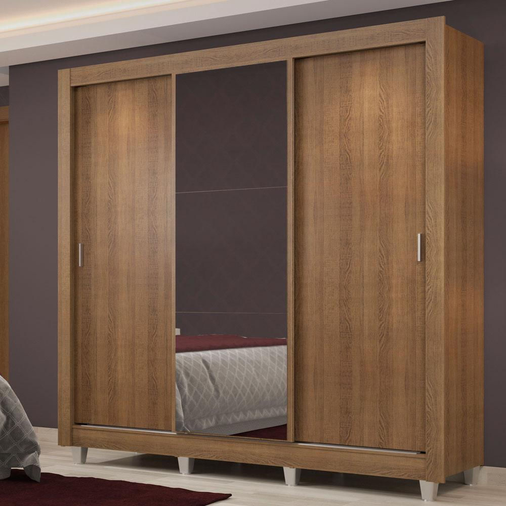 Guarda Roupa Casal Madesa Lyon Plus 3 Portas de Correr com Espelho 4 Gavetas com Pés - Rustic