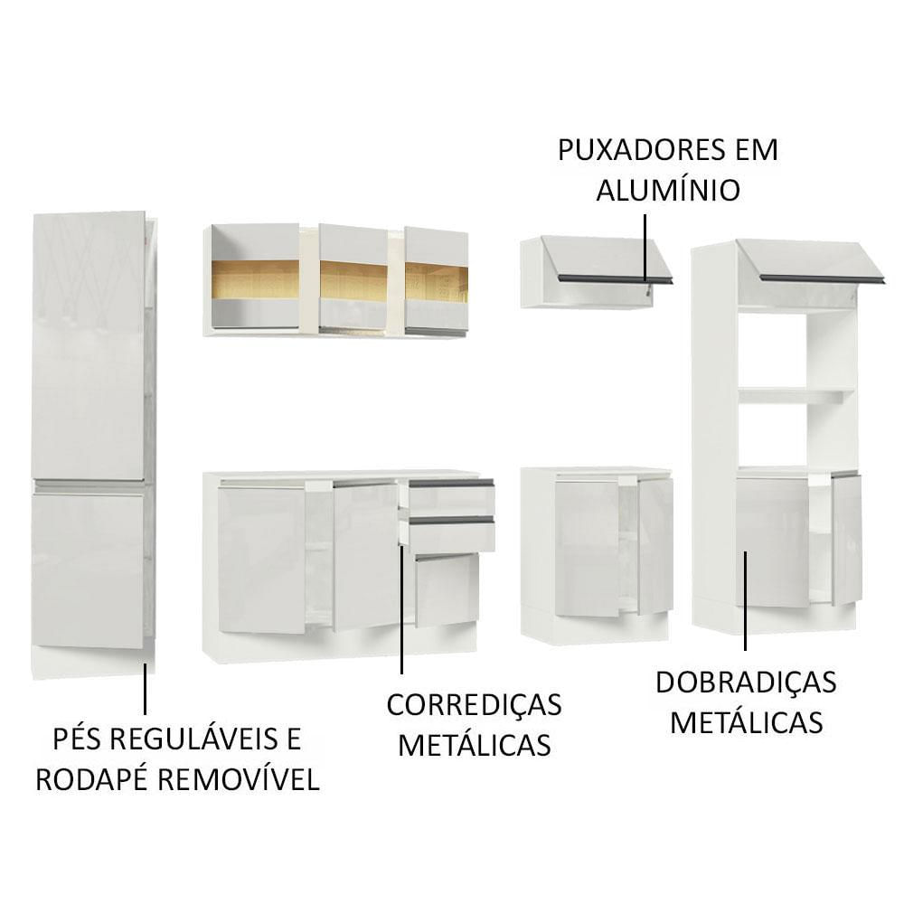 Cozinha Completa 100% MDF Madesa Smart 300 cm Com Armário, Balcão e Tampo - Frentes Branco Brilho Branco