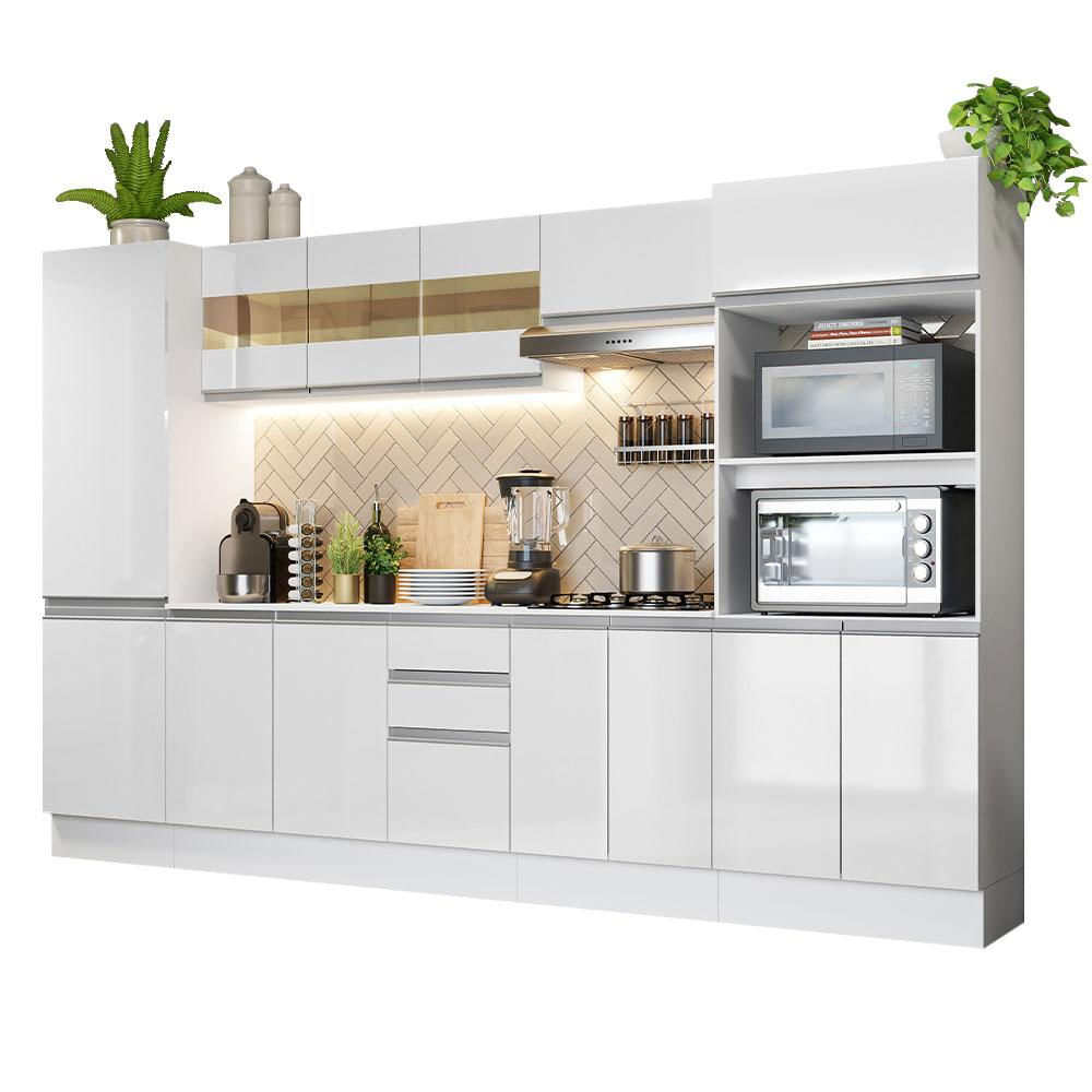 Cozinha Completa 100% MDF Madesa Smart 300 cm Com Armário, Balcão e Tampo - Frentes Branco Brilho Branco