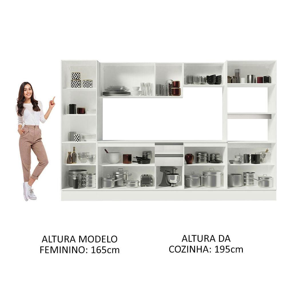 Cozinha Completa 100% MDF Madesa Smart 300 cm Com Armário, Balcão e Tampo - Frentes Branco Brilho Branco