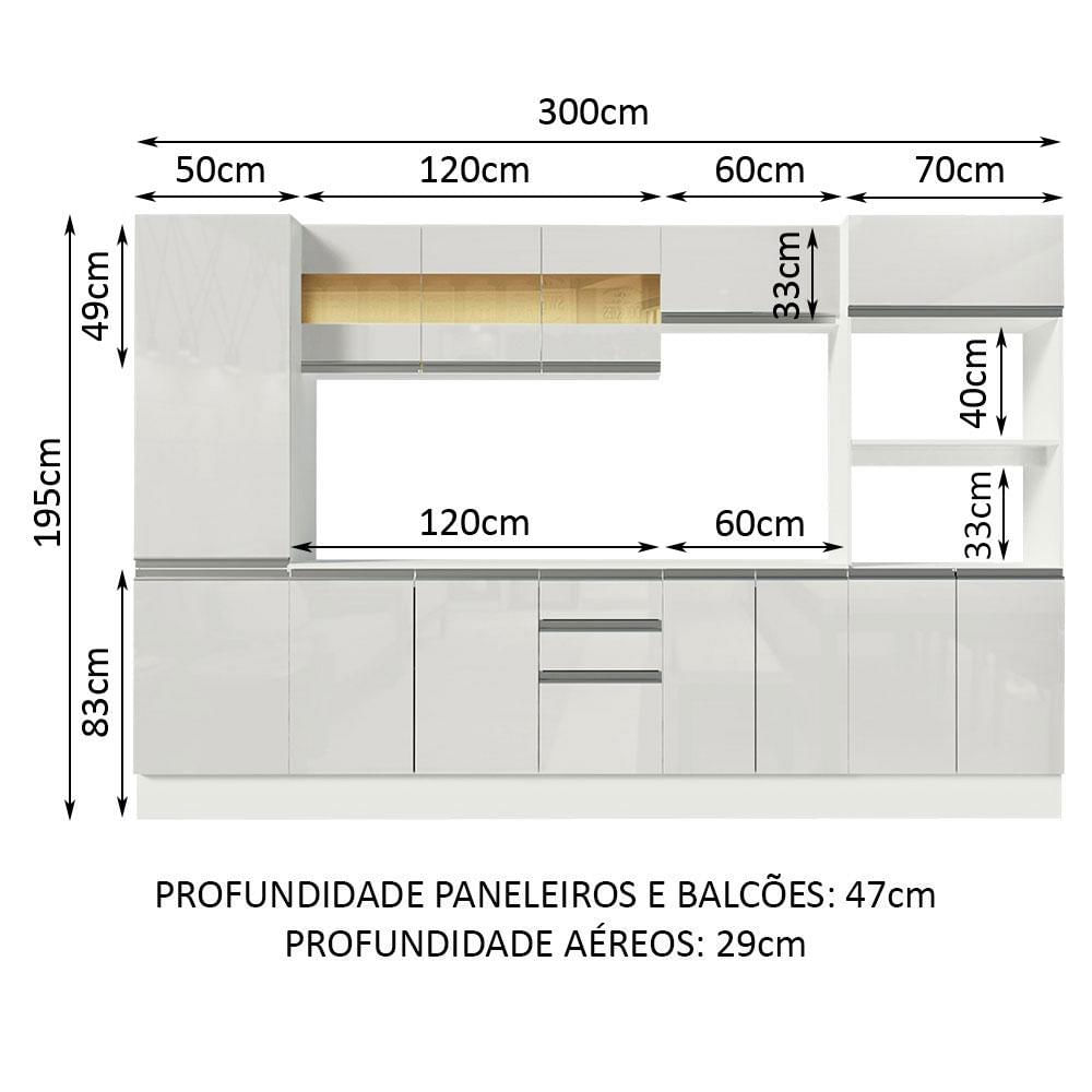 Cozinha Completa 100% MDF Madesa Smart 300 cm Com Armário, Balcão e Tampo - Frentes Branco Brilho Branco