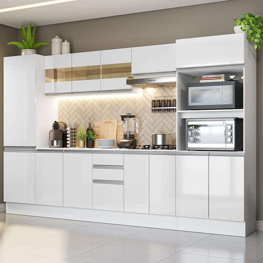 Cozinha Completa 100% MDF Madesa Smart 300 cm Com Armário, Balcão e Tampo - Frentes Branco Brilho Branco