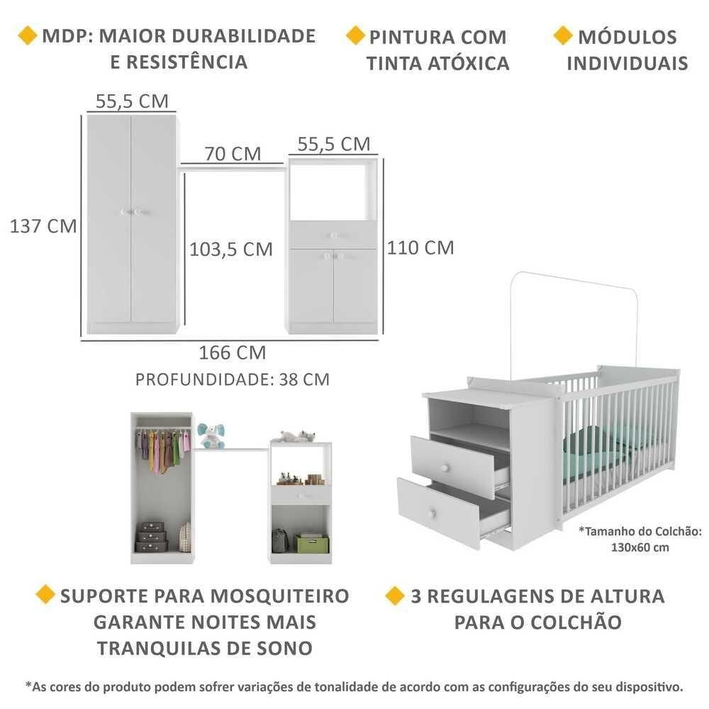 Quarto Infantil Com Berço Cômoda Olívia Branco