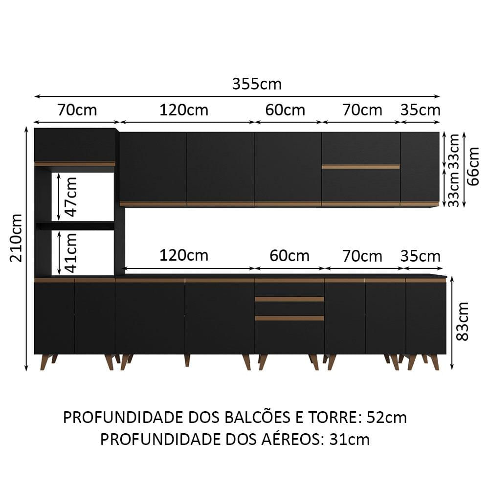 Armário de Cozinha Completa 355cm Preto Reims da Sabrina Madesa Preto