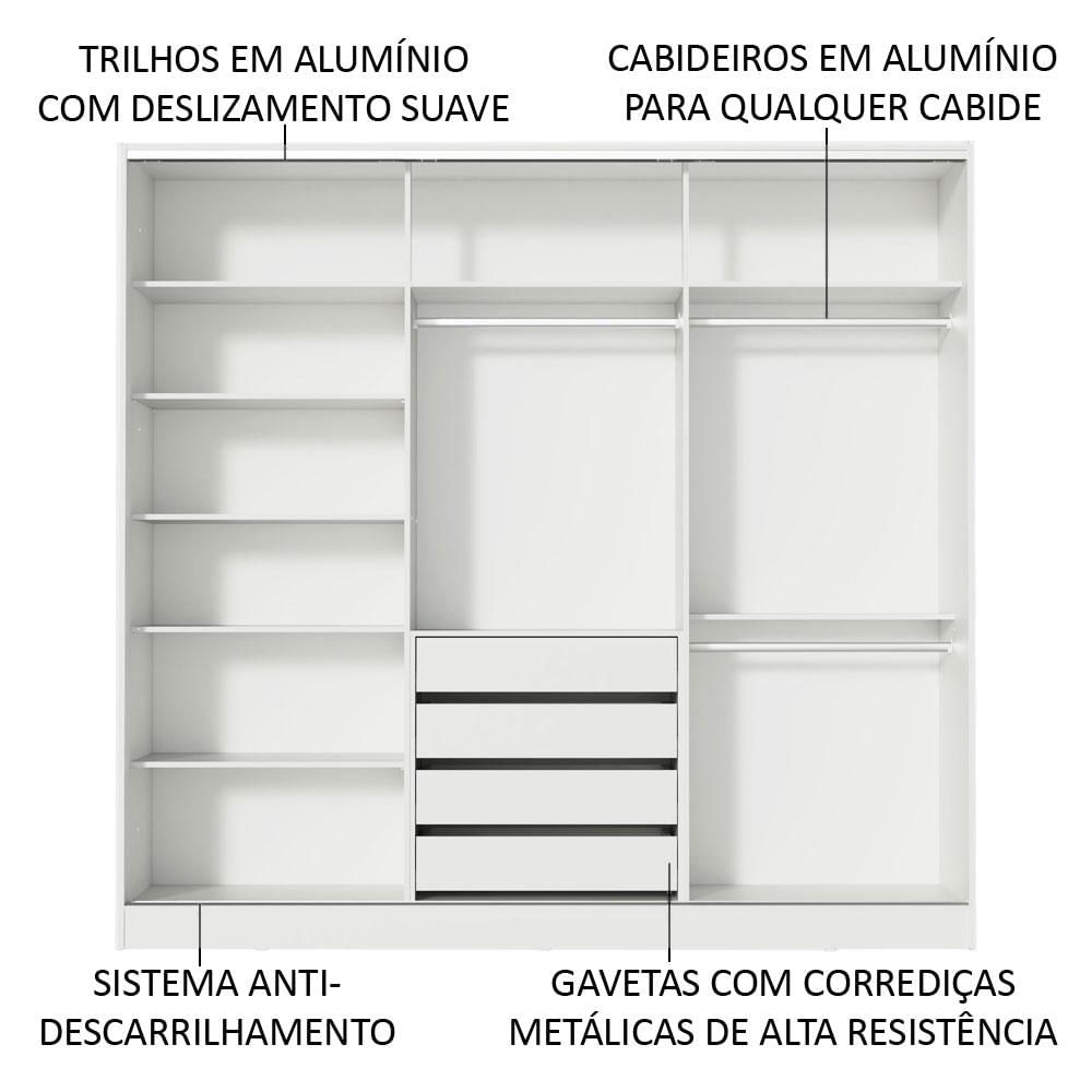 Guarda Roupa Casal 100% MDF Madesa Zurique 3 Portas de Correr - Branco Branco