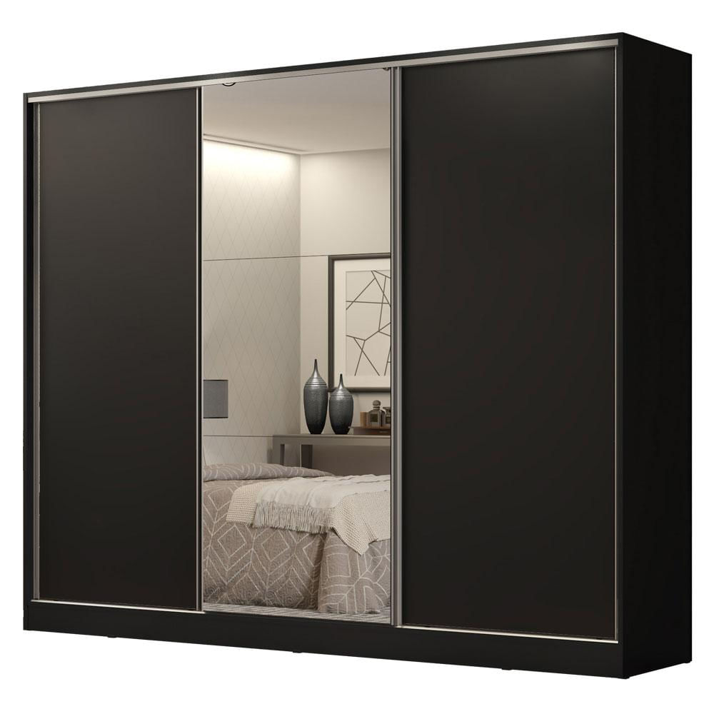 Guarda Roupa Casal 100% MDF Madesa Royale 3 Portas de Correr com Espelho - Preto Preto