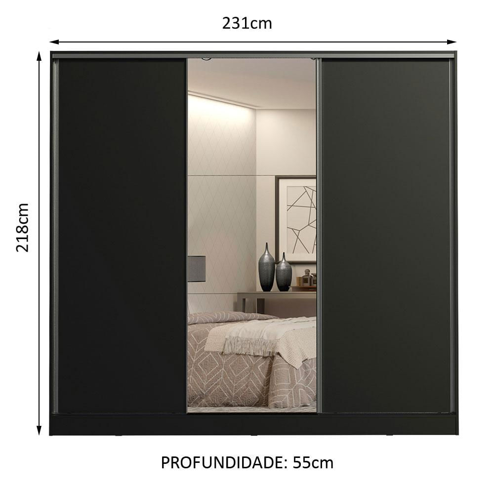 Guarda Roupa Casal 100% MDF Madesa Royale 3 Portas de Correr com Espelho - Preto Preto