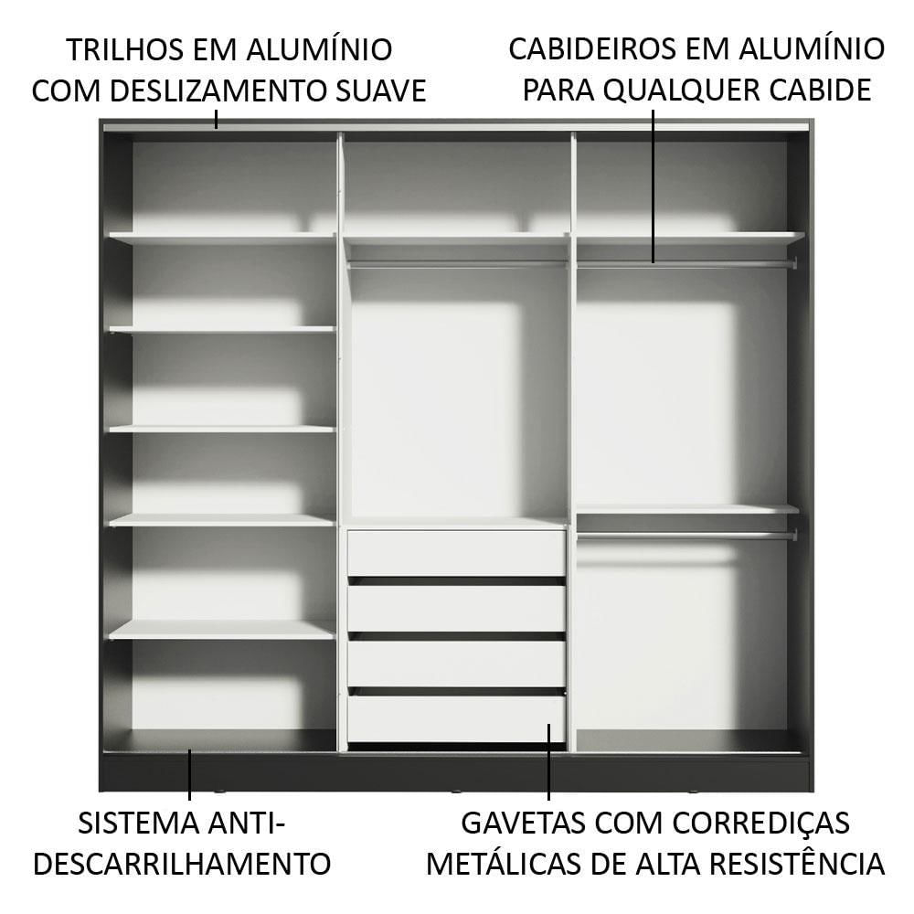 Guarda Roupa Casal 100% MDF Madesa Royale 3 Portas de Correr com Espelho - Preto Preto