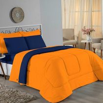 Edredom King Nobre 1 Peça Dupla Face 2,50m X 2,90m Malha 100% Algodão - Laranja / Azul-marinho