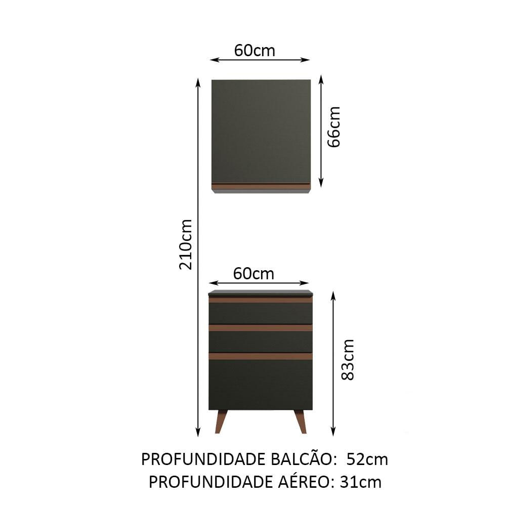 Kit Madesa Reims 60 cm com Armário Aéreo e Balcão com 3 Gavetas - Preto Preto