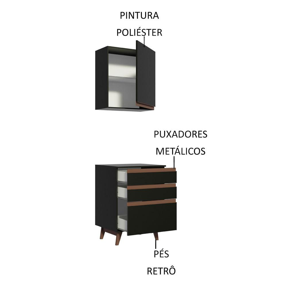 Kit Madesa Reims 60 cm com Armário Aéreo e Balcão com 3 Gavetas - Preto Preto