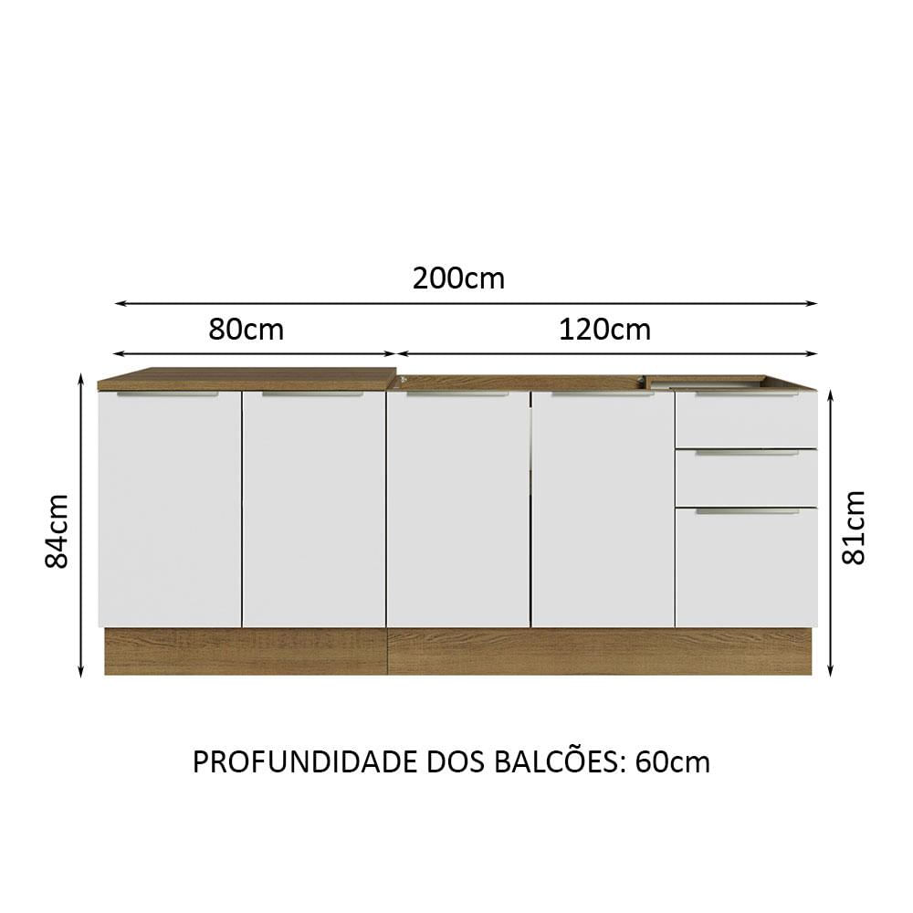 Kit com 2 Balcões de Cozinha Madesa Lux 4 Portas 3 Gavetas (Sem Tampo e Pia) Rustic/Branco Veludo Branco