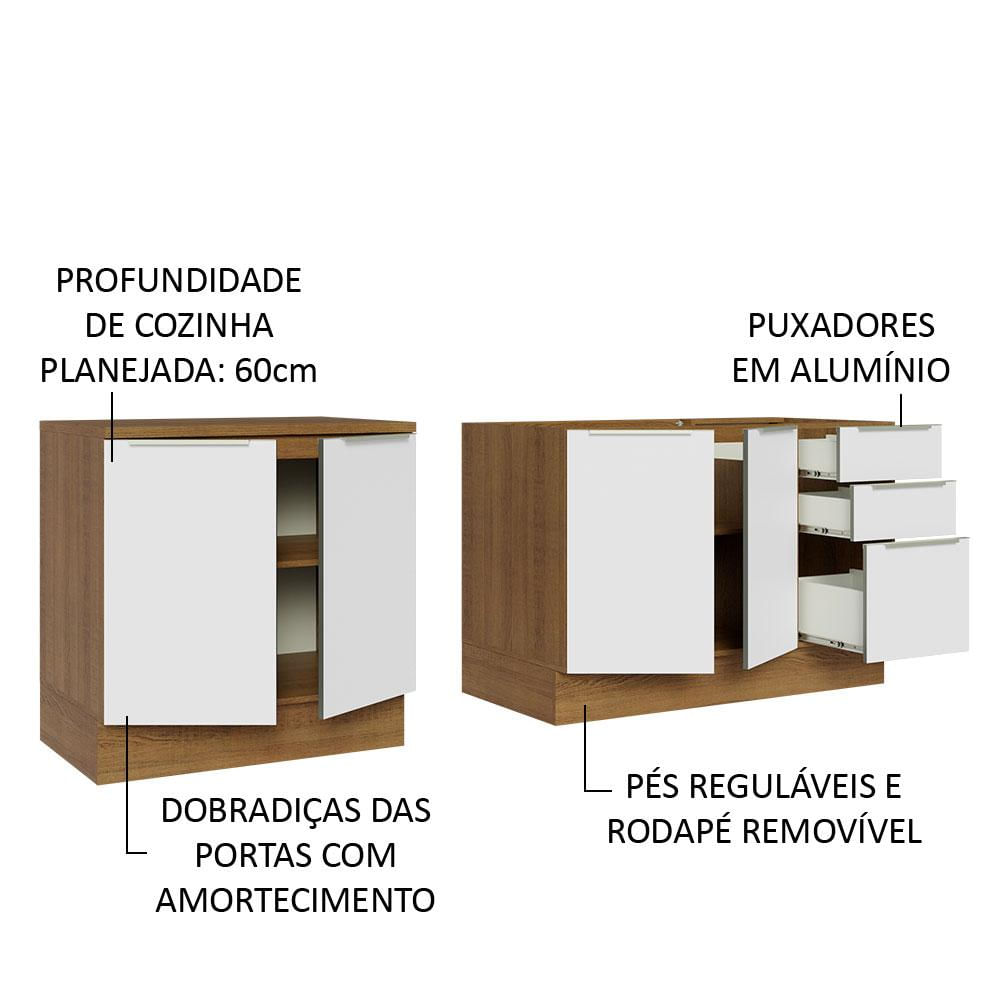 Kit com 2 Balcões de Cozinha Madesa Lux 4 Portas 3 Gavetas (Sem Tampo e Pia) Rustic/Branco Veludo Branco