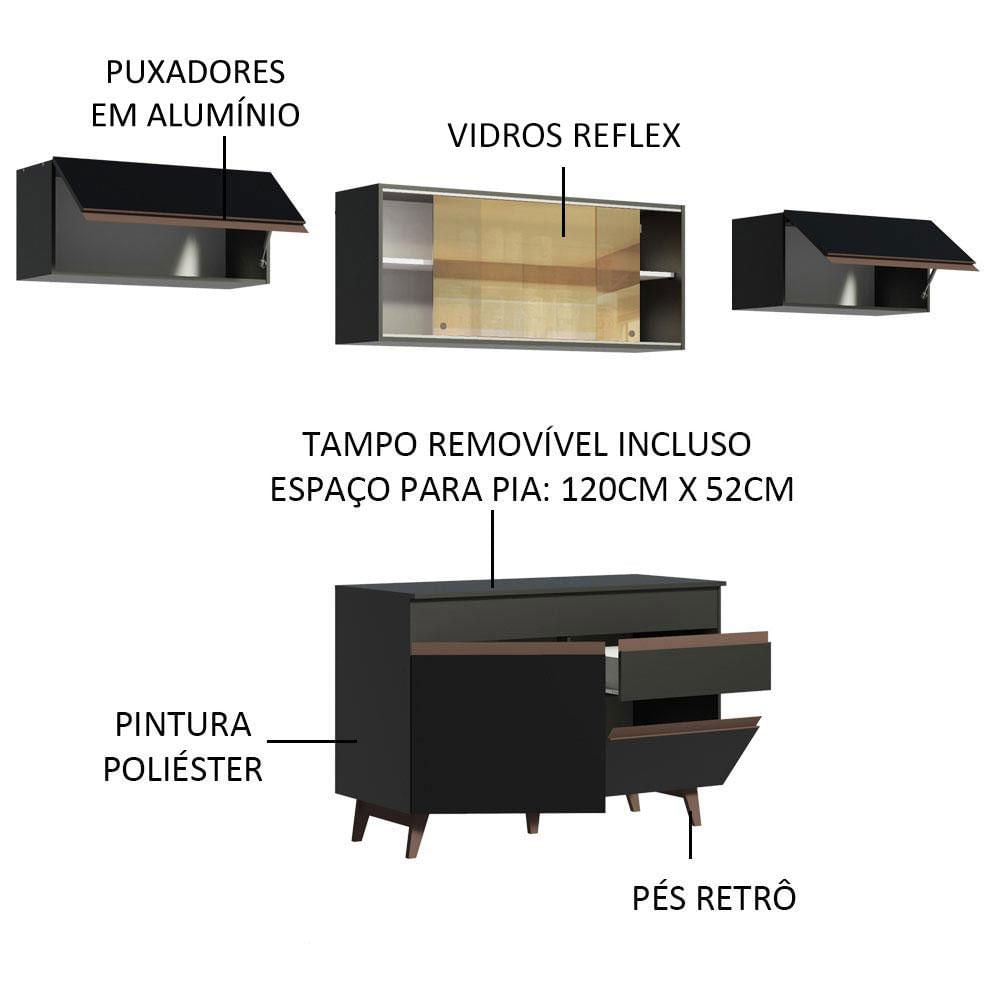 Armário de Cozinha Compacta Reims 260cm Preto Reims Madesa 03 Preto