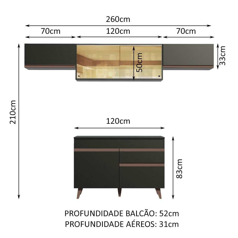 Armário de Cozinha Compacta Reims 260cm Preto Reims Madesa 03 Preto