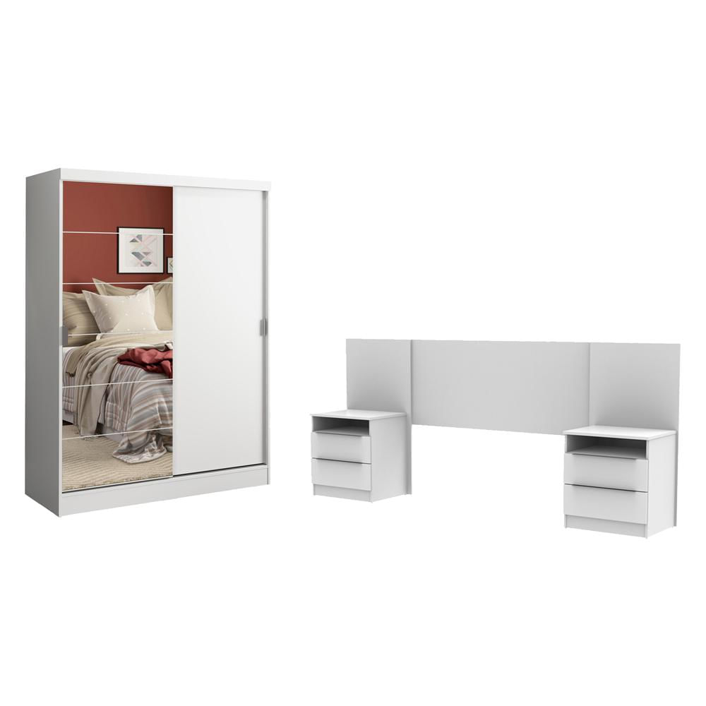 Quarto Completo com Guarda Roupa Luke e Cabeceira com 2 Mesas Laterais Madesa - Branco Branco