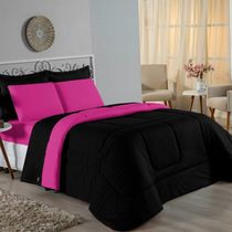 Kit Edredom Dupla Face + Jogo De Lençol Queen Nobre 6 Peças Malha 100% Algodão - Preto / Pink