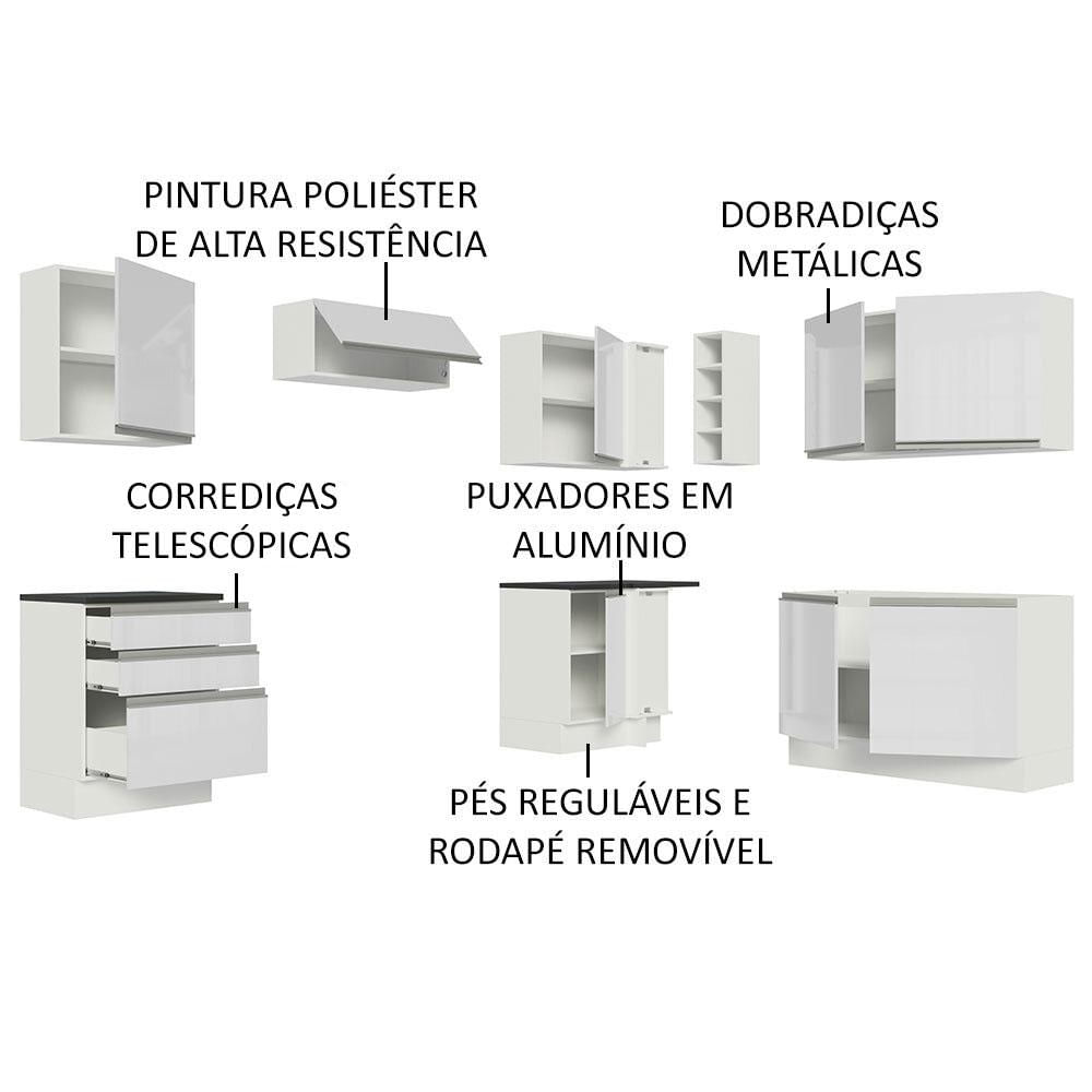 Cozinha Completa de Canto 100% MDF Madesa Acordes 409001 Armário e Balcão - Frentes Branco Brilho Branco