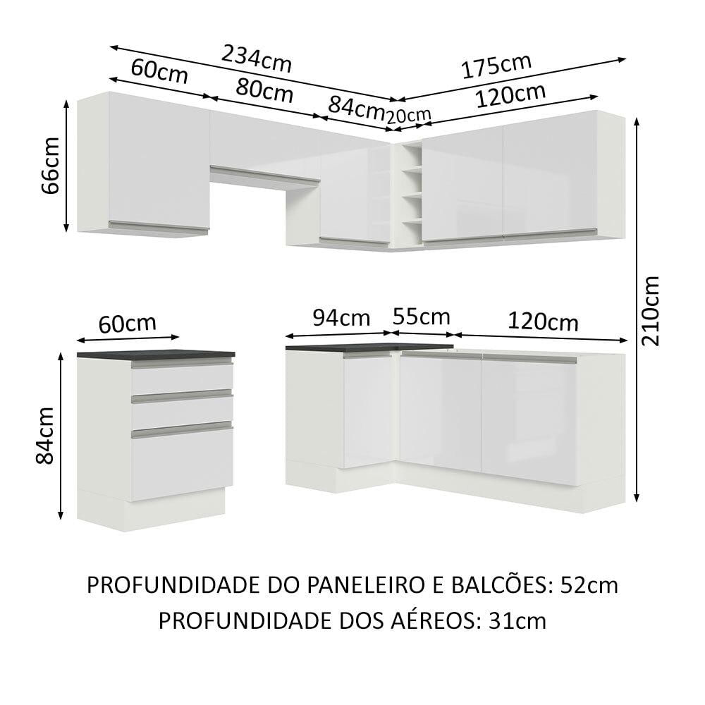 Cozinha Completa de Canto 100% MDF Madesa Acordes 409001 Armário e Balcão - Frentes Branco Brilho Branco