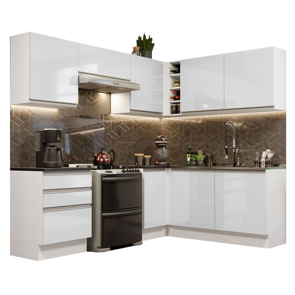 Cozinha Completa de Canto 100% MDF Madesa Acordes 409001 Armário e Balcão - Frentes Branco Brilho Branco