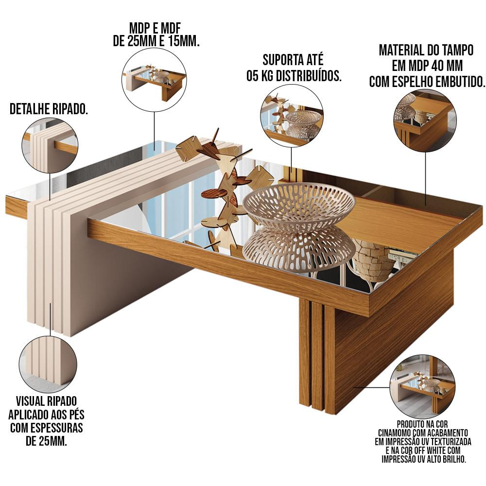 Kit 02 Mesas de Centro Espelhada Sala de Estar Lord B01 Cinamomo Off White - Lyam Decor