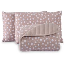 Kit Cobre Leito Colcha Polly Casal 3 Peças Malha 100% Algodão Estampa Bolinhas - Bege