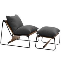 Kit Poltrona Com Puff Turim Base Aço Preto Recouro Camel Poliéster Cinza - Nexta Casa