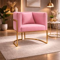 Poltrona Design Base Dourada Luxo Moderna Sala Luna Suede Rosa