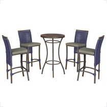 Mesa Bistrô E 4 Banquetas Roma Marrom Corda Estofado 8 Trama Azul