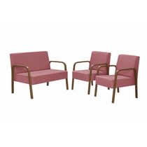 Conjunto Poltronas Jade Braço Madeira Suede Rosa.