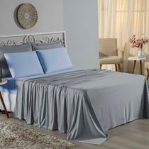 Jogo De Cama Solteiro Nobre 3 Peças Lençol Com Elástico De 30cm De Altura Malha 100% Algodão - Cinza / Azul-bebê