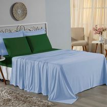 Jogo De Cama Solteiro Nobre 3 Peças Lençol Com Elástico De 30cm De Altura Malha 100% Algodão - Azul-bebê / Verde-bandeir