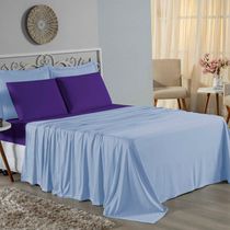 Jogo De Cama King Nobre 4 Peças Lençol Com Elástico De 30cm De Altura Malha 100% Algodão - Azul-bebê / Roxo