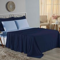 Jogo De Cama Casal Nobre 4 Peças Lençol Com Elástico De 30cm De Altura Malha 100% Algodão - Azul-marinho / Azul-bebê