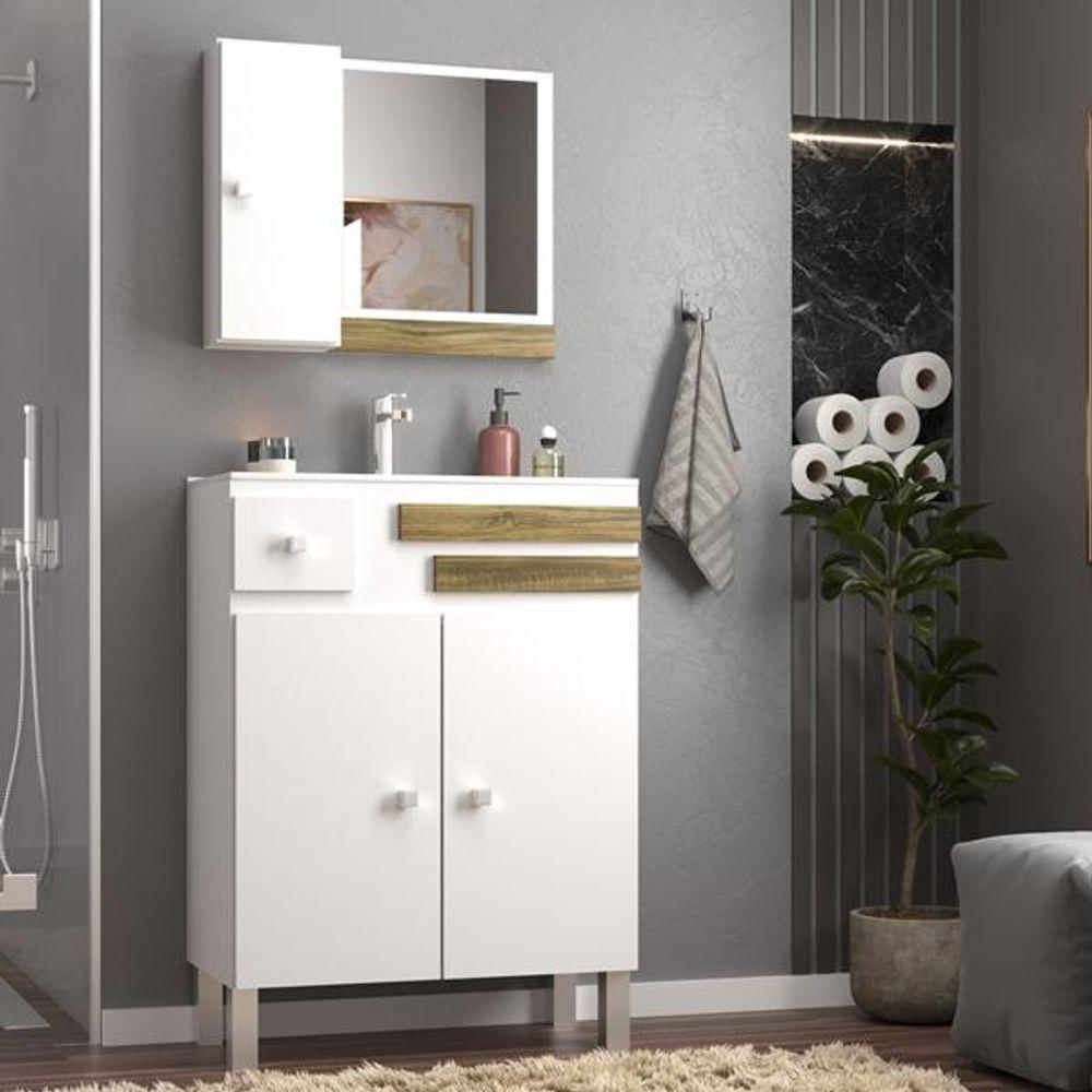 Conjunto Para Banheiro Mônaco Balcão Com Espelheira 60 Cm - Branco Cartagena Branco Cartagena